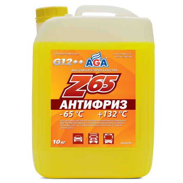 Антифриз (-65/+132) жёлтый G12++ (готовый к применению) AGA-Z65  10л. AGA044Z