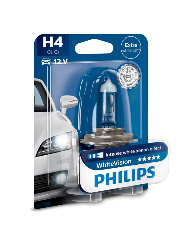 Лампа H4 Philips WhiteVision 12V 60/55W P43t-38 B1 +60% блистер (арт.12342WHVB1) галогеновая