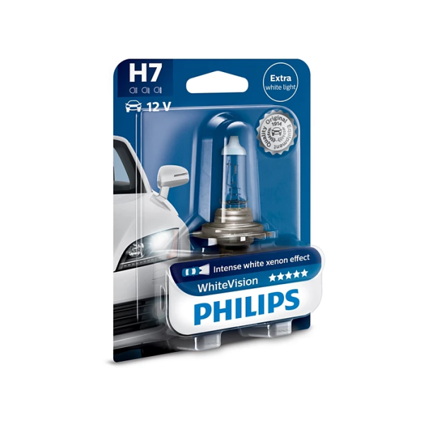 Лампа H7 Philips WhiteVision 12V 55W 4300K PX26d B1 +60% блистер (арт.12972WHVB1) галогеновая