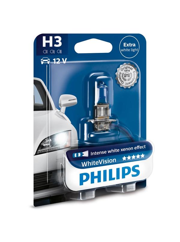 Лампа H3 Philips WhiteVision 12V 55W PK22s +60% 4300K (арт. 12336WHVB1) галогеновая