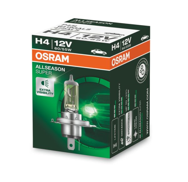 Лампа H4 12V 60/55W P43t +30% больше света, Allseason Super 3000К OSRAM 64193ALS