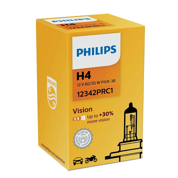 Лампа H4 Philips Vision 12V 60/55W P43t-38 +30% (арт. 12342PRC1)