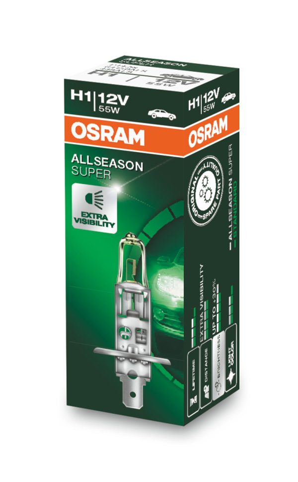 Лампа H1 12V 55W P14.5s +30% больше света, Allseason Super OSRAM 64150ALS